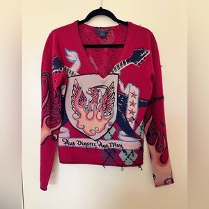 RAW 7 100% CASHMERE GRAPHIC RED SWEATER